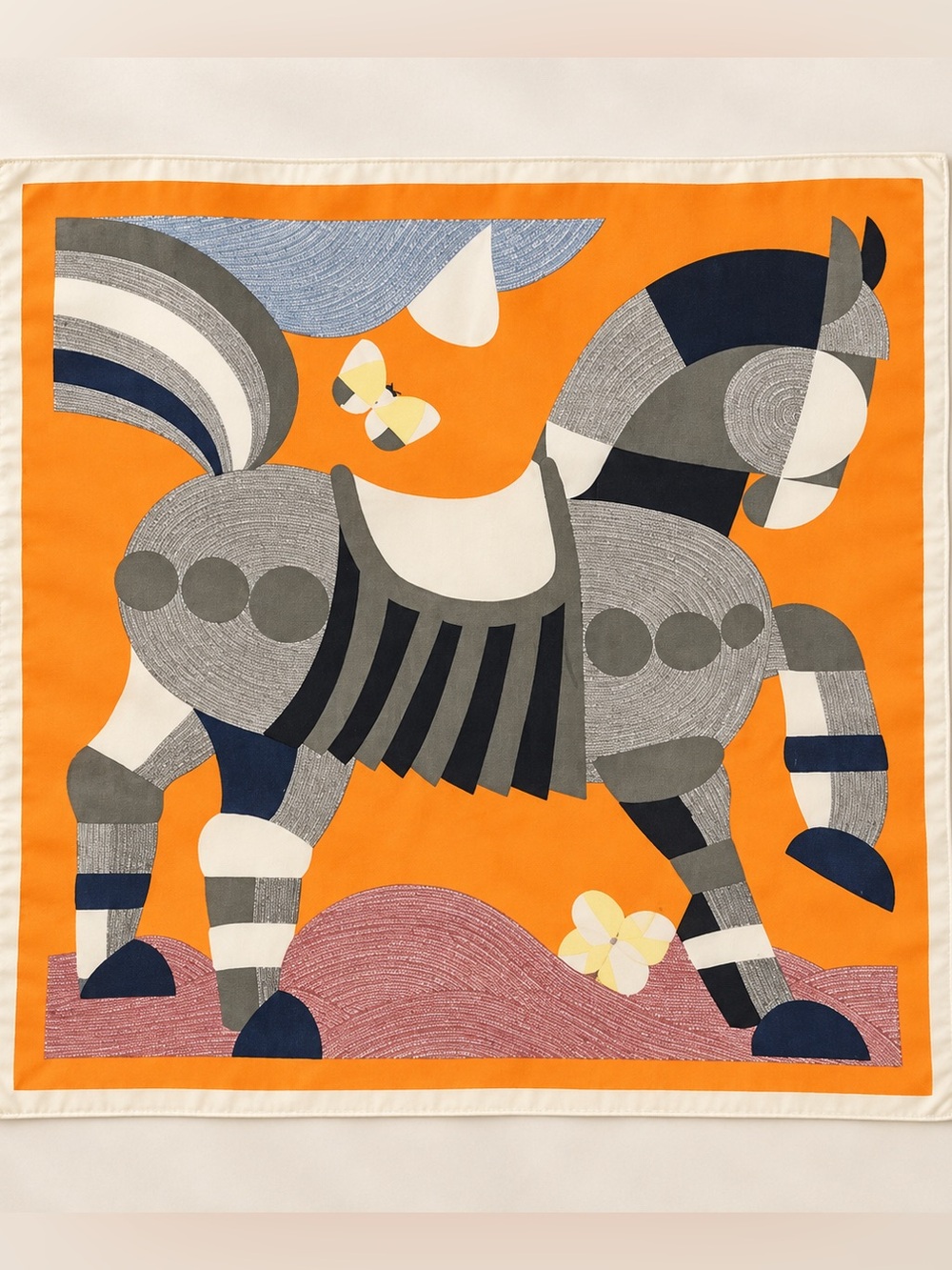 Abstract Horse Print Orange Silk Scarf - Classic Designer-Inspired 68cm